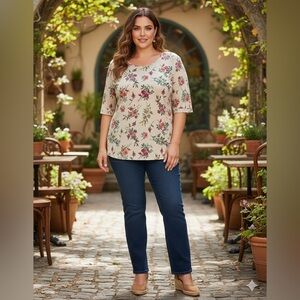 SIZE XXL Time And Tru Scoop Neck Elbow Sleeve Tee In Botanical Print